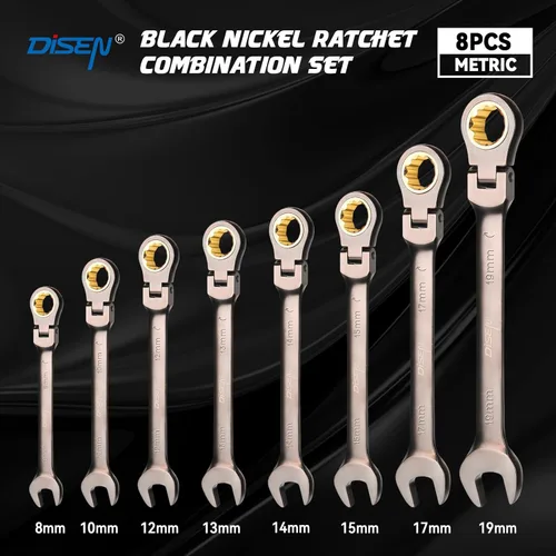 Miniatura 6 de DISEN Juego de llaves de trinquete de 90 dientes, 8 piezas, juego de llaves de trinquete de cabeza flexible métrica 8 10 12 13 14 15 17 19 mm