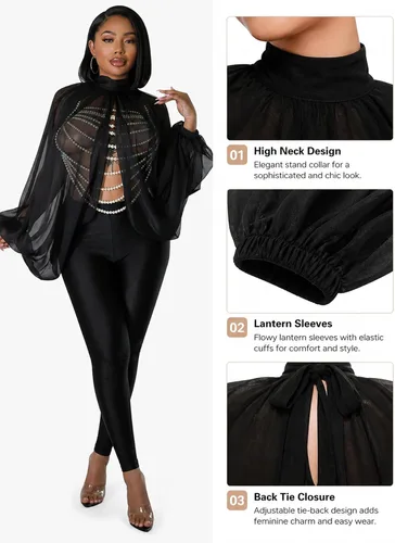Miniatura 5 de Tops Sexys para Mujer Fiesta Club Noche con Mangas de Murciélago de Gasa Transparente con Lazo Trasero en la Parte Frontal Camisas de Mujer Casuales