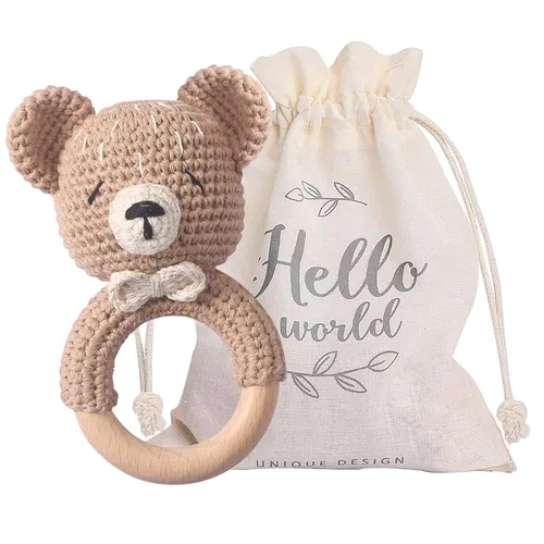 Miniatura 9 de WOODEN TEETHER Sonajero de bebé de ganchillo, juguetes de bebé de ganchillo, juguetes de madera orgánica para recién nacidos, juguetes de sonajero