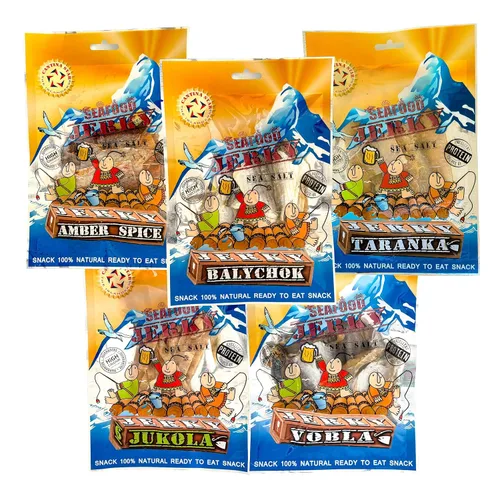 CANTINA STAR Set de fiesta de cerveza | Cecina de pescado (pescado seco) | Vobla, Balychok, Taranka, Jukola Bacalao, especias ámbar | 3.17 oz - 5
