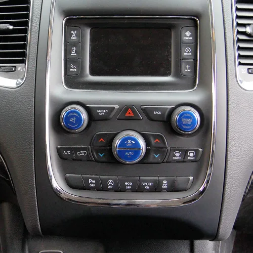 Miniatura 4 de Interruptor de aire acondicionado de aleación de aluminio, botón de CD, cubierta de parche de luz permeable para Dodge Durango 14-20 15-22 Dodge Azul