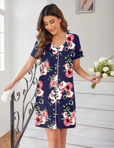 Miniatura 5 de Ekouaer Camisón de manga corta con botones para mujer, camisón suave con cuello en V