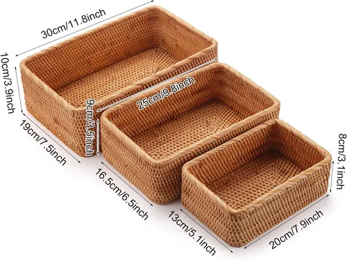 Miniatura 6 de Cestas de almacenamiento de frutas de ratán natural rectangulares de mimbre tejido para portallaves y control remoto, apilables, naturales, juego