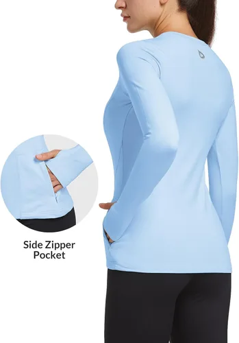 Miniatura 2 de BALEAF Camiseta térmica de forro polar para mujer, manga larga, con agujeros para los pulgares, bolsillo con cremallera para clima frío