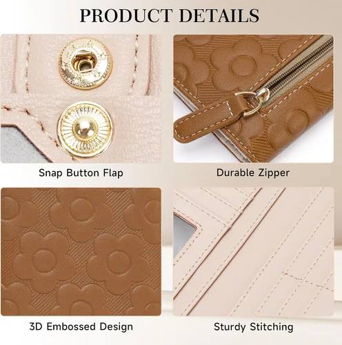 Miniatura 4 de Cartera delgada ultradelgada para mujer 3D de cuero con estampado de flores en relieve para mujer, cartera con bloqueo RFID, tarjetero plegable