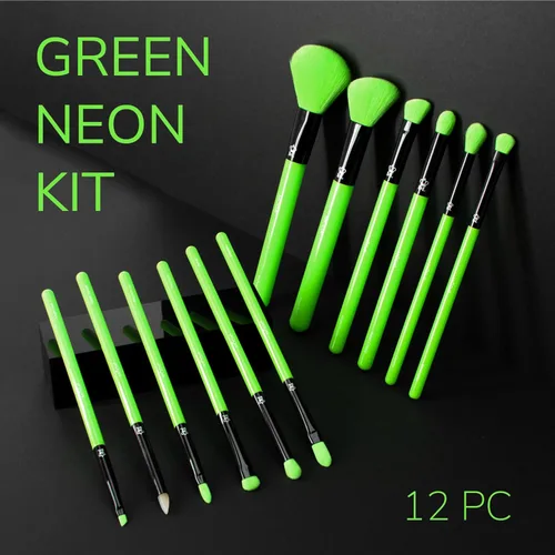 Miniatura 4 de MODA Juego de brochas de maquillaje verde neón, 12 piezas veganas para rostro y ojos, para base, rubor, polvo y sombra de ojos, cerdas sintéticas