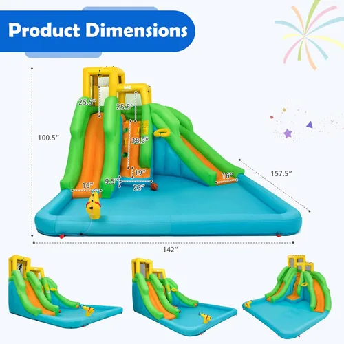 Miniatura 6 de HONEY JOY - Tobogán acuático inflable, parque acuático inflable 6 en 1 con muro para escalar y 2 toboganes largos, piscina, castillo inflable