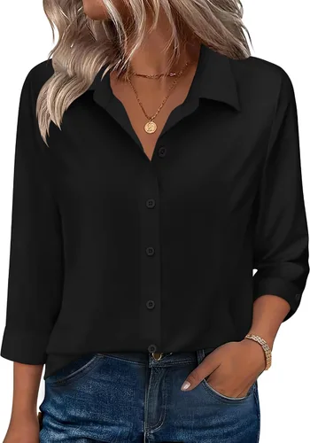 Miniatura 15 de Zeagoo Camisas con botones para mujer, manga 3/4, cuello en V, blusas con cuello en V, trajes casuales de negocios