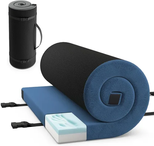 Goplus Colchón de espuma viscoelástica para campamento, almohadilla de dormir portátil enrollable con parte inferior antideslizante, bolsa de viaje,