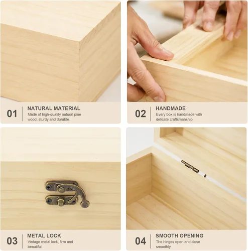 Miniatura 6 de JJSQ - Caja de almacenamiento grande de madera con tapa con bisagras, rectangular, sin terminar, sin pintar, caja de almacenamiento de madera
