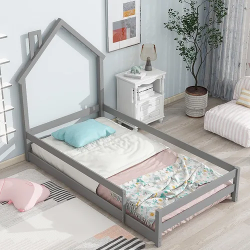 Miniatura 5 de Cama de suelo de tamaño individual con cabecera en forma de casa, cama individual de madera para niños con rieles, cama de piso individual