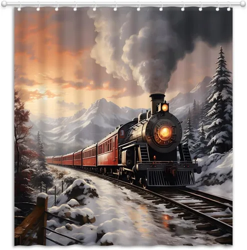 Cortina de ducha con motor de vapor, estilo vintage, tren, montaña, paisaje natural, tela campestre, cortinas de decoración de baño con ganchos, 35