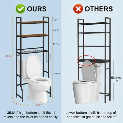 Miniatura 2 de Organizador de baño de 3 niveles sobre el inodoro, organizador de baño de madera, ahorro de espacio, soporte independiente sobre el inodoro con 4