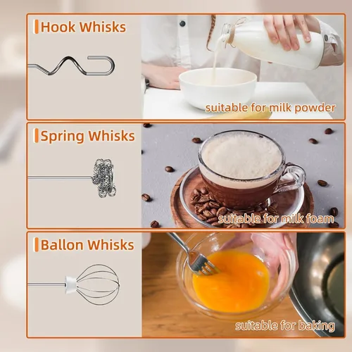 Miniatura 7 de Espumador de leche recargable, Espumador de leche de mano, 3 cabezas recargables mini agitadores mezcladores de bebidas, 3 velocidades ajustables