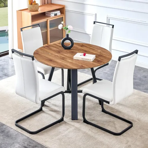 Miniatura 20 de Juego de 4 mesas de comedor redondas de 42 pulgadas para 4, sillas de mesa de cocina modernas, juego de 4 sillas tapizadas de madera con patas