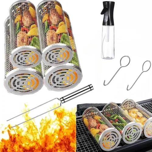 Miniatura 2 de Cesta de parrilla con mango extraíble para picnic al aire libre, parrilla de barbacoa, barbacoa, barbacoa, parrilla, cilíndrica de malla de acero
