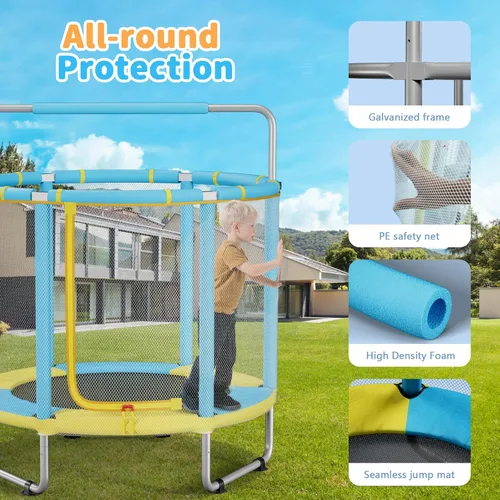HomeCare 55" Trampoline for Kids, 440lbs Capacity ASTM-Approved Mini Toddler Trampoline with Safety Enclosure Net,4 in 1 Adjustable Gymnastics Bar &