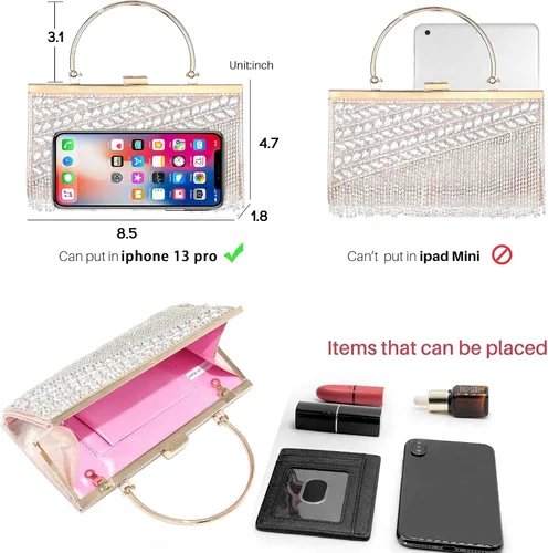 Miniatura 5 de Yokawe Bolso de mano con cristales brillantes para mujer bolso de noche con borla de diamantes de imitación para bodas fiestas bailes cócteles