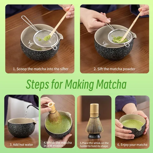 Miniatura 4 de TEANAGOO Juego de 9 Piezas Batidor de Matcha, Juego de Matcha de Cerámica, Kit de Matcha para Ceremonia, Juego de Té Matcha para Hacer Negro carbón 2