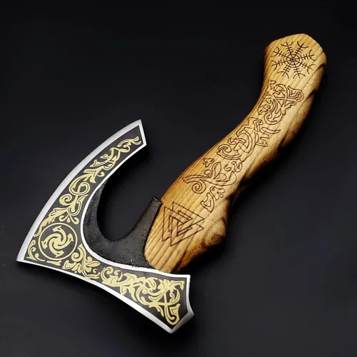 Miniatura 3 de SHINY CRAFTS® Hacha cortadora de pizza vikinga, hoja de acero al carbono con grabado y funda negra, auténtico regalo medieval para él, hacha Sca-027