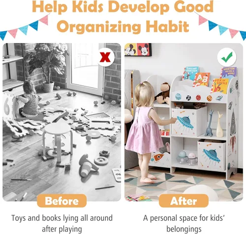 Miniatura 8 de Costzon Organizador de juguetes y libros para niños, estantería de almacenamiento de madera con 5 estantes abiertos, 2 cajas de almacenamiento y 3