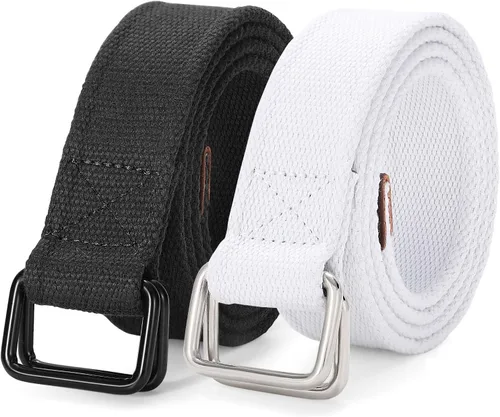 Miniatura 13 de JASGOOD Cinturones de tela de lona para hombre, cinturones casuales de tela con hebilla de doble anillo negro, paquete de 2