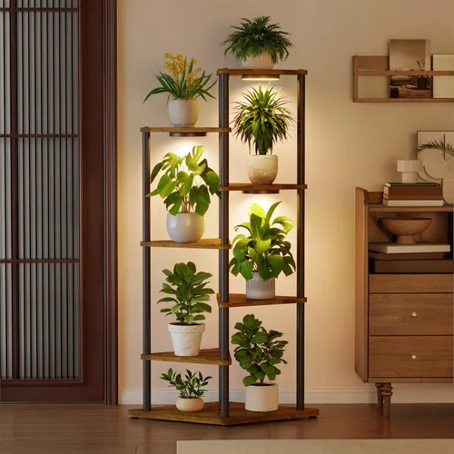 Miniatura 9 de iDavosic.ly Soporte alto para plantas con luces de cultivo para macetas grandes y resistentes, estante de flores de esquina interior de 4 niveles