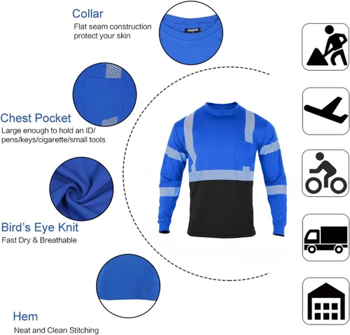 Miniatura 5 de FONIRRA Camisas reflectantes de seguridad de alta visibilidad para hombres ANSI Clase 3 Hi Vis, camisetas de trabajo de construcción de manga larga