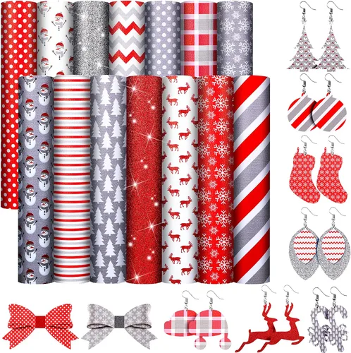 14 hojas de cuero de invierno para Navidad, tela de piel sintética con purpurina, copo de nieve, muñeco de nieve, tela de cuero impresa para hacer