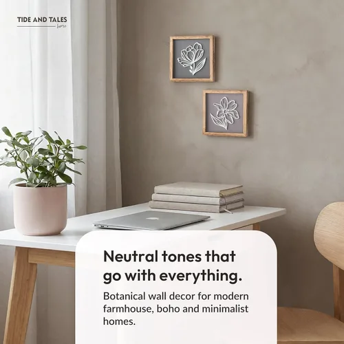 Miniatura 7 de Tide and Tales Arte de pared floral botánico 3D (juego de 2 marcos) listo para colgar, decoración bohemia ligera para paredes, decoraciones Naturales