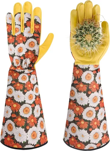 Miniatura 11 de Guantes largos de jardinería para mujeres, a prueba de espinas, guantes de cuero de vaquilla para poda de rosas, para cactus, rosas y moras