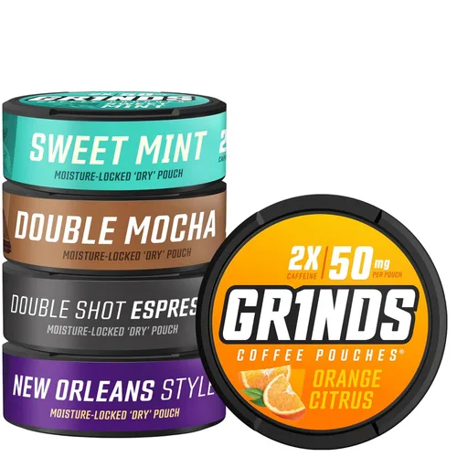 Miniatura 16 de Bolsas de café Grinds 5 latas de muestra Espresso doble, vainilla, New Orleans, doble mocha, caramelo cada bolsa equivale a 1/4 taza de café