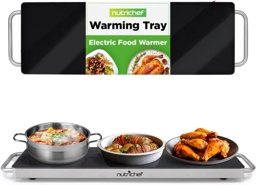 NutriChef Placa eléctrica portátil para alimentos, bandeja de calentamiento de acero inoxidable y calentador de platos con parte superior de vidrio