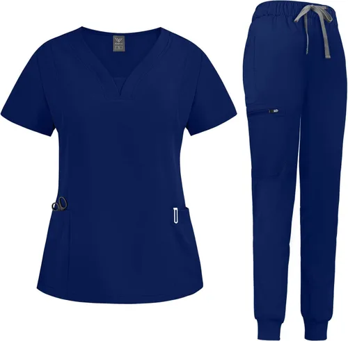 niaahinn Conjunto de traje médico para mujer, moderno top con cuello en V y pantalones deportivos de pierna cónica con cordón de ajuste, conjunto de