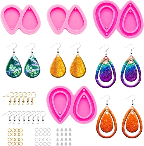 Miniatura 9 de Kit de 103 moldes de resina para aretes de bricolaje – Gota de lágrima/cuadrángulo/molde de silicona con forma de círculo retro, molde de fundición