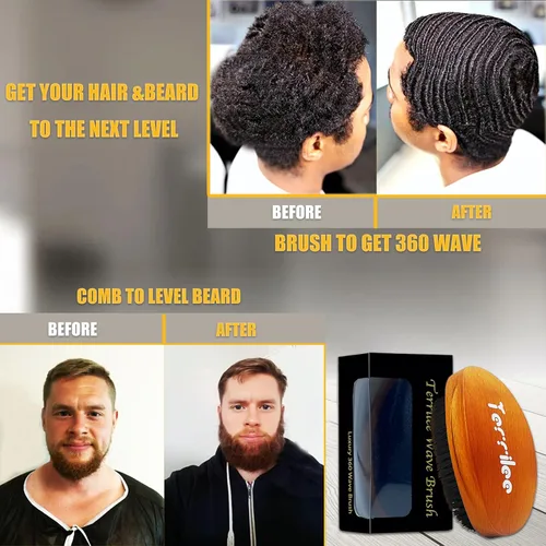 Miniatura 6 de Terrilee Pincel de onda de palma, cepillo de madera de haya curvada 360 y cerdas de jabalí para peinado de cabello ondulado para hombres