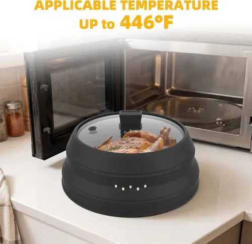 Miniatura 2 de Cubierta alta para salpicaduras de microondas, tapa protectora de vidrio de 5.8 pulgadas de altura con silicona plegable para plato de olla de Negro