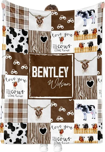 Miniatura 3 de MDPrints - Mantas de bebé personalizadas de vaca para niños, manta personalizada con nombre de bebé, regalo personalizado para recién nacido