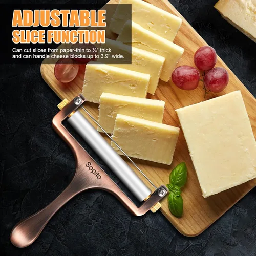 Miniatura 6 de Cortador de queso Sopito de acero inoxidable con 3 cables extra ideal para queso cheddar, gruyere, raclette, bloque de queso mozzarella, grosor Cobre