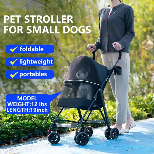 Miniatura 4 de Cochecito para mascotas con ventilación de malla, diseño plegable ligero, portavasos, negro