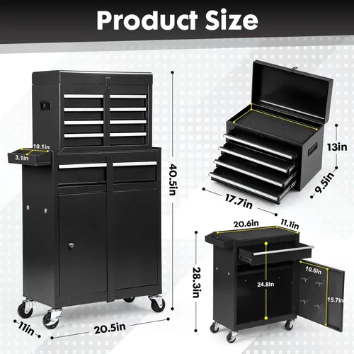 Miniatura 3 de Caja de herramientas con ruedas de 5 cajones, caja de herramientas con cerradura 2 en 1 con ruedas, cajones deslizantes y parte superior Negro