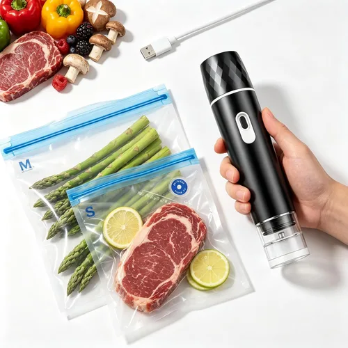 Sellador al vacío para alimentos, máquina selladora al vacío compacta (sellador al vacío + 10 bolsas de vacío reutilizables, sellador al vacío de