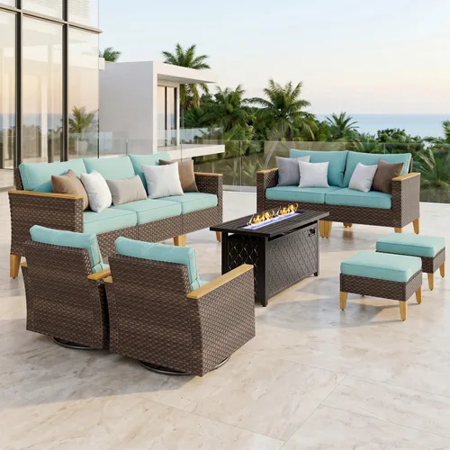 Miniatura 44 de PHI VILLA Otomana de mimbre para patio, 2 piezas, asiento otomano de mimbre para todo tipo de clima, reposapiés para exteriores con cojines