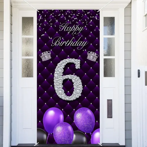 Miniatura 40 de Cartel morado de feliz primer cumpleaños telón de fondo para cabina de fotos, globos de corona plateada, decoración temática para niña, aniversario