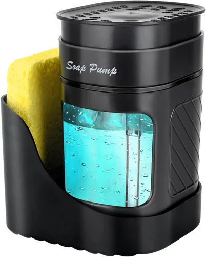 Dispensador de jabón para platos 3 en 1 con soporte de esponja para fregadero de cocina (incluye una esponja), juego de dispensador de jabón de Negro