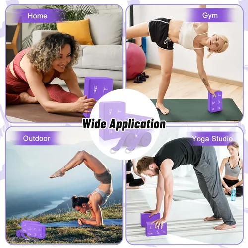Miniatura 8 de RETON Juego de 2 bloques de yoga con correa, bloque de yoga rosa de alta densidad, bloques de espuma EVA ligeros, bloques de yoga, pilates, ladrillo