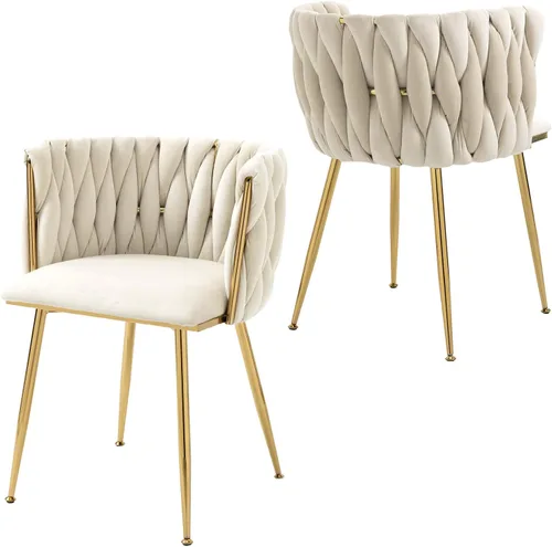 Miniatura 10 de Juego de 2 sillas de comedor tapizadas de terciopelo, sillas modernas para sala de estar con respaldo tejido y patas de metal dorado, silla auxiliar