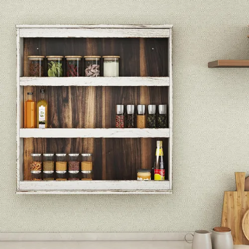 Miniatura 3 de Nisorpa Estante de especias de 3 niveles para montar en la pared, estante de especias de cocina de madera rústica quemada para colgar en la pared