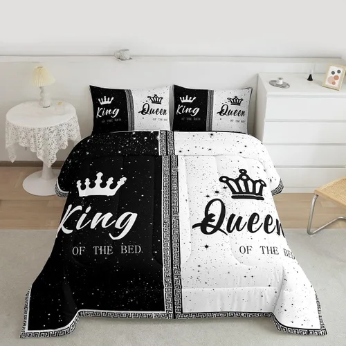 jejeloiu Juego de edredón con patrón de corona, edredón estampado King y Queen para niños y adolescentes, juego de ropa de cama moderno de arte
