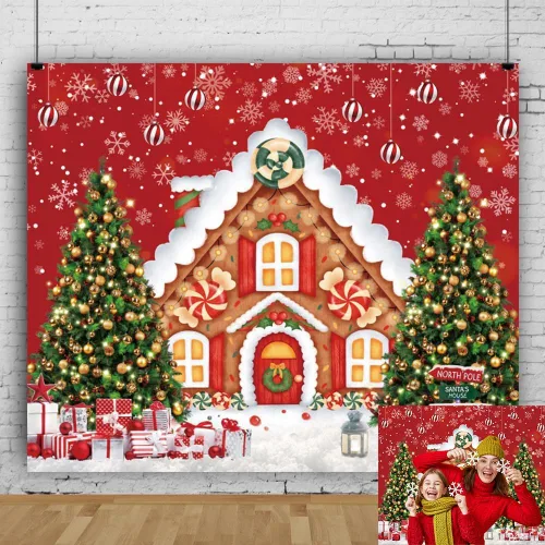 Miniatura 9 de Telón de fondo de Navidad de pan de jengibre, 7 x 5 pies, fondo de fotos de casa de jengibre rojo para fotografía, nieve de invierno, árbol